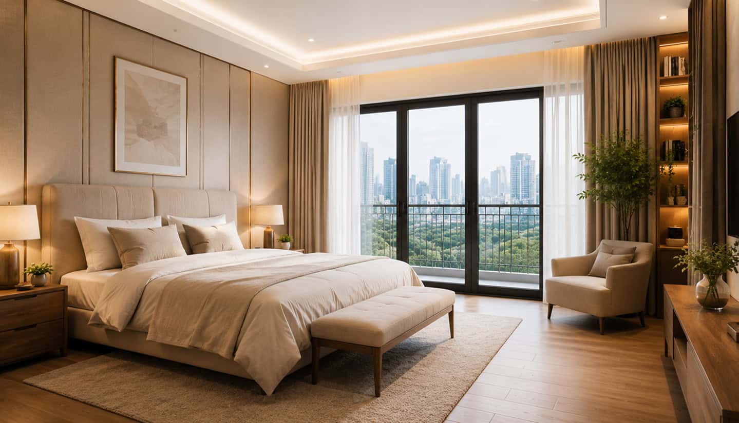 Elegant bedroom with city skyline view, modern furnishings, and warm lighting.