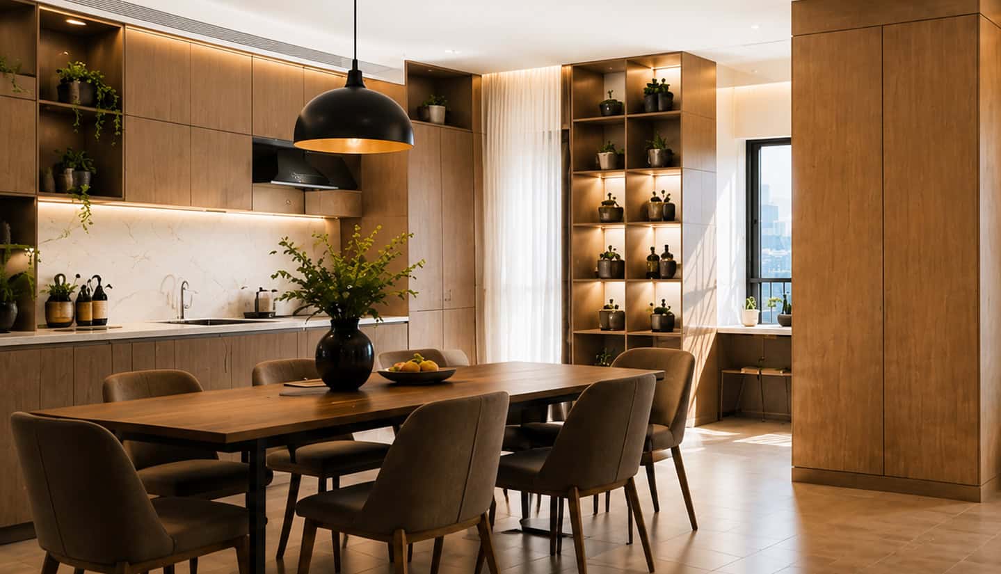 Contemporary dining room with wooden cabinets, warm lighting, and stylish decor.