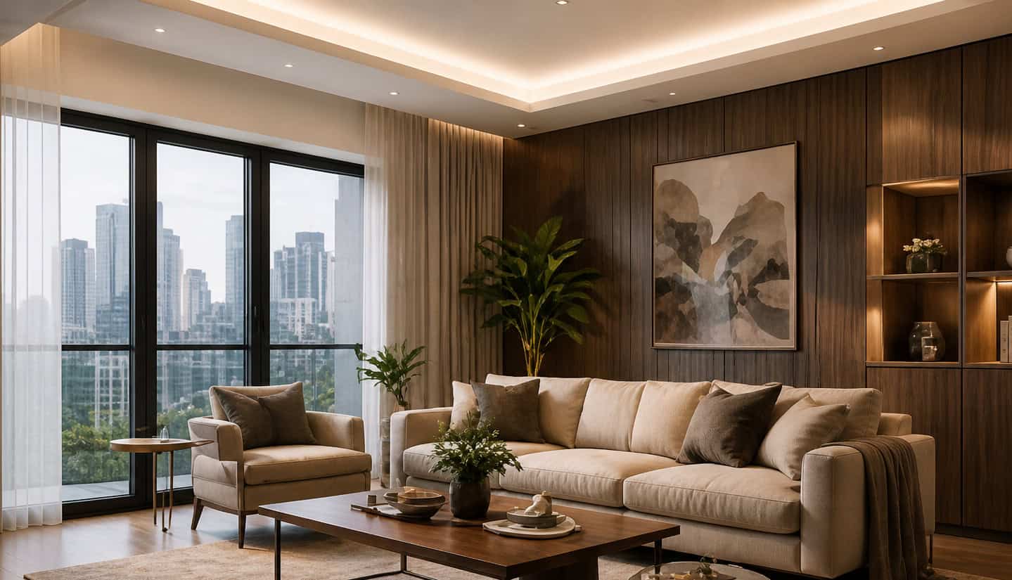 Elegant modern living room with large windows and city skyline view.
