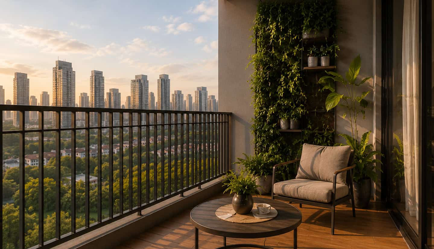 Balcony with city skyline view, outdoor seating, and lush green plants for a relaxing urban retreat.