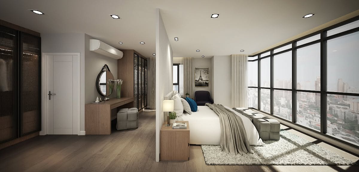 ภาพ 3D ห้องนอนใหญ่คอนโดหลังออกแบบ หันรับวิวเมือง แบ่งมุมแต่งตัวด้วยฉากไม้ระแนง