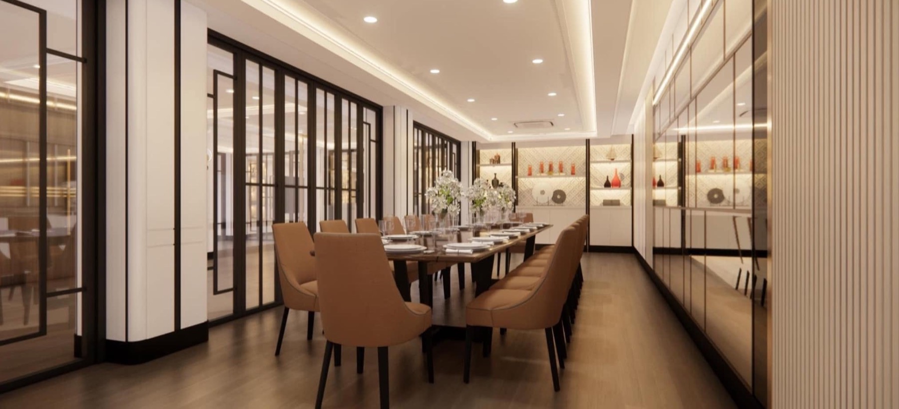 ภาพ 3D ห้องรับประทานอาหารขนาดใหญ่ในบ้านหรู โต๊ะไม้ยาวและตู้โชว์กระจก