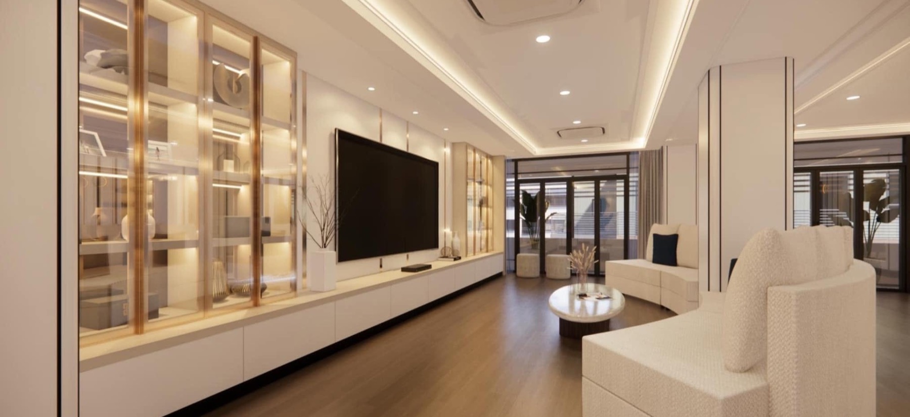 ภาพ 3D ห้องดูหนังในบ้านหรู ตู้โชว์กระจกกรอบทองและโซฟาสีครีม
