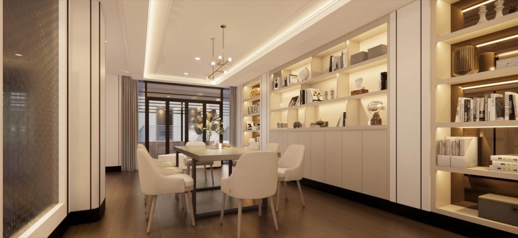 ภาพ 3D ห้องอ่านหนังสือในบ้านหรู ชั้นหนังสือบิลท์อินเต็มผนัง