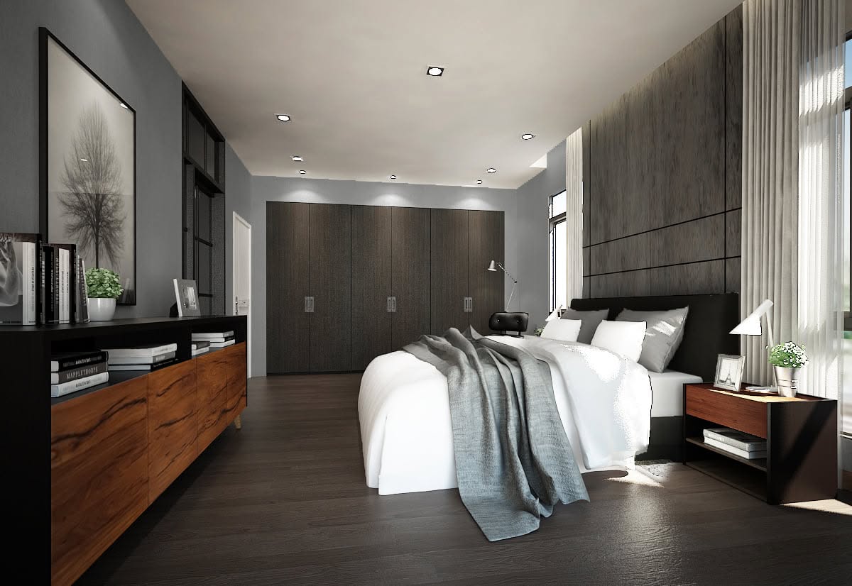 ภาพ 3D ห้องนอนใหญ่บ้านเดี่ยวหลังออกแบบ หัวเตียงบุผนังไม้และตู้บิลท์อิน