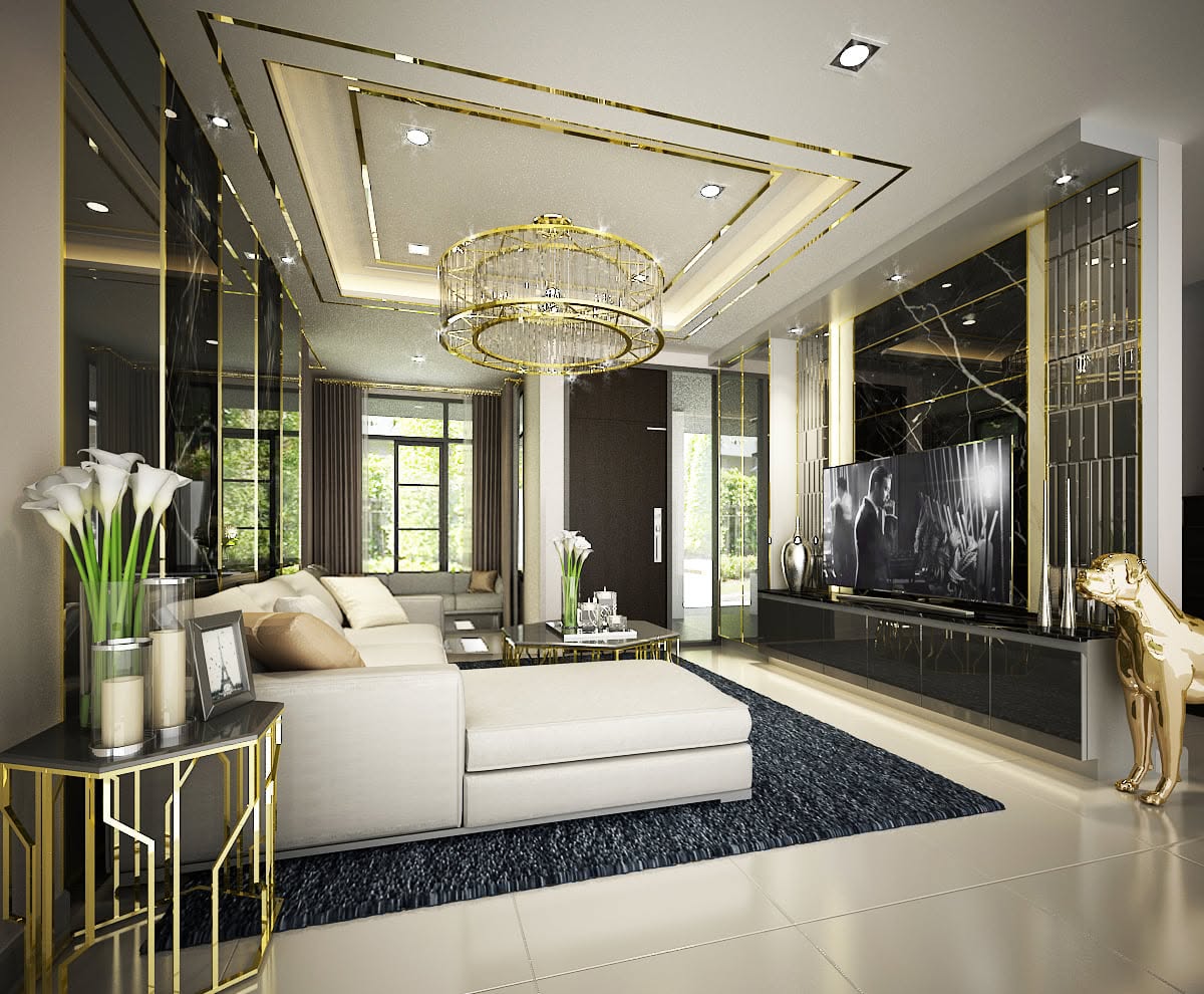 ภาพ 3D ห้องนั่งเล่นบ้านเดี่ยวสไตล์ Modern Luxury ผนังหินอ่อนและโคมไฟระย้า