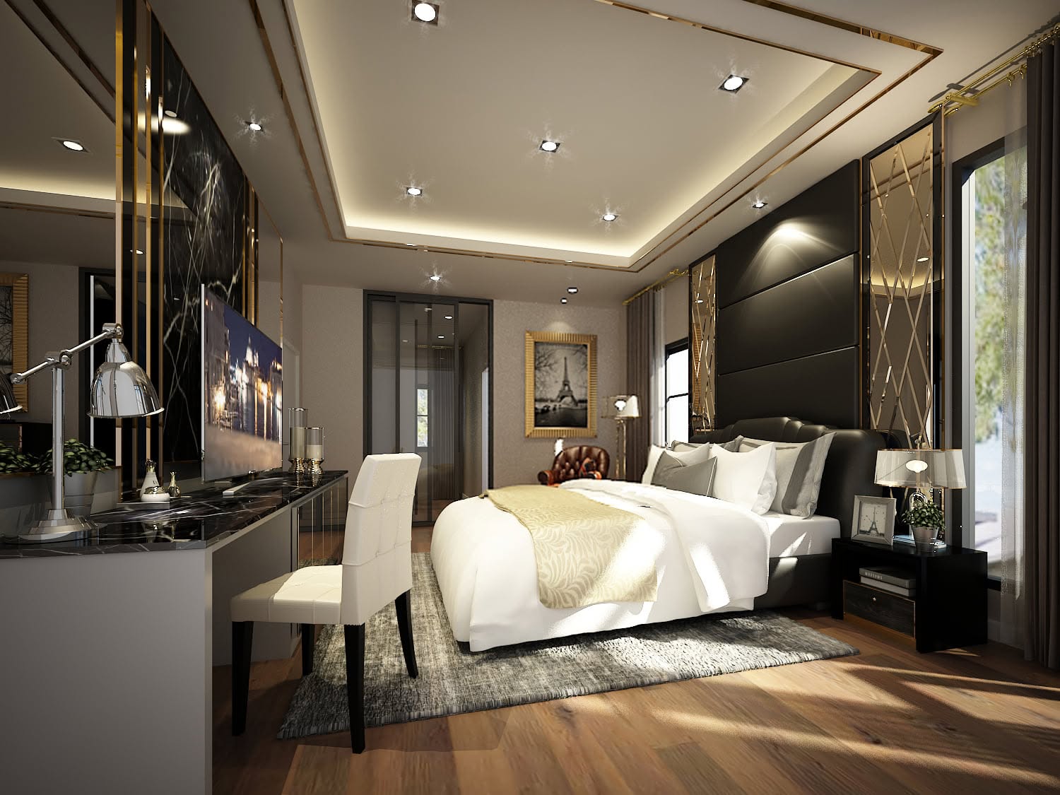 ภาพ 3D ห้องนอนใหญ่บ้านเดี่ยวสไตล์หรู ผนังหินอ่อนดำครีบทองและฝ้าหลุม